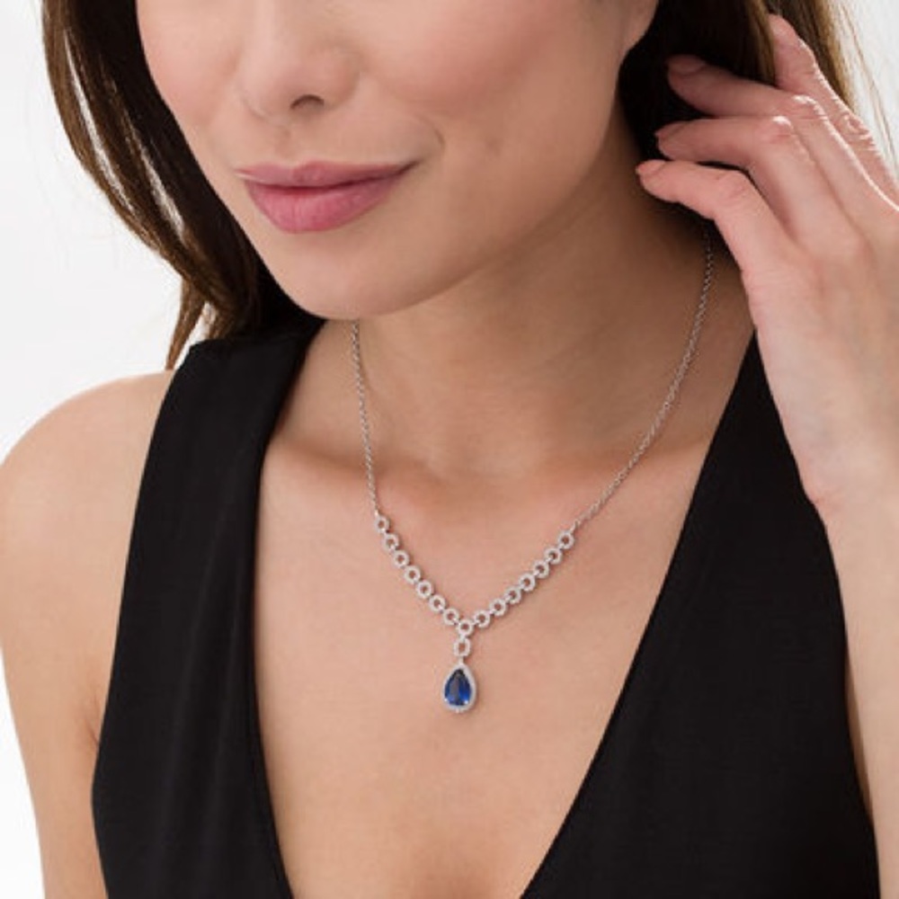 Blue and White Sapphire Frame Chain Link necklace in sterling silver - Picture 2 of 10